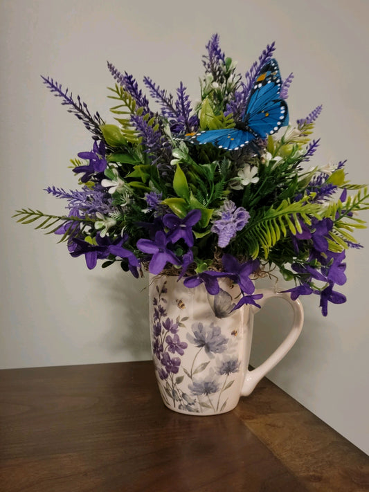 Lavender flowers coffee cup arrangement